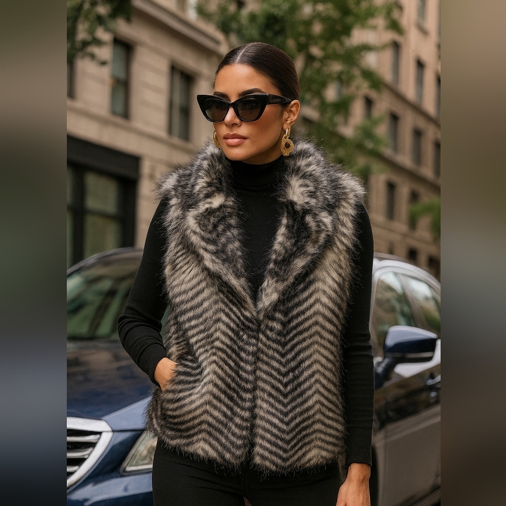Jack by BB Dakota Faux Fur Vest Size M Black & White Striped Mob Wife Style Boho